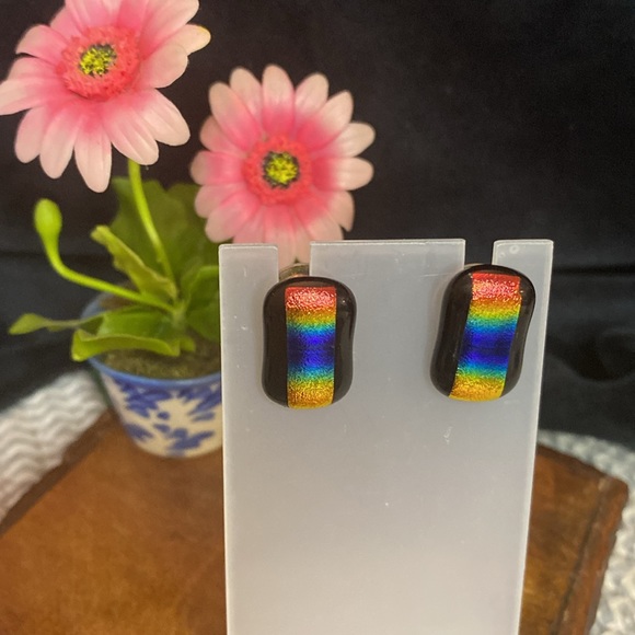 Dichroic Fused Glass Earrings Double Rainbow on Black Small Rectangle Posts - Picture 2 of 7